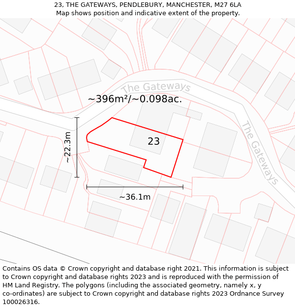 23, THE GATEWAYS, PENDLEBURY, MANCHESTER, M27 6LA: Plot and title map