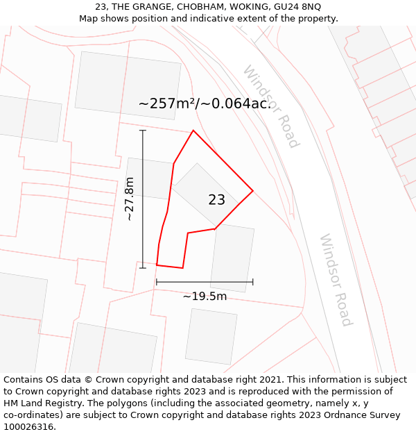 23, THE GRANGE, CHOBHAM, WOKING, GU24 8NQ: Plot and title map