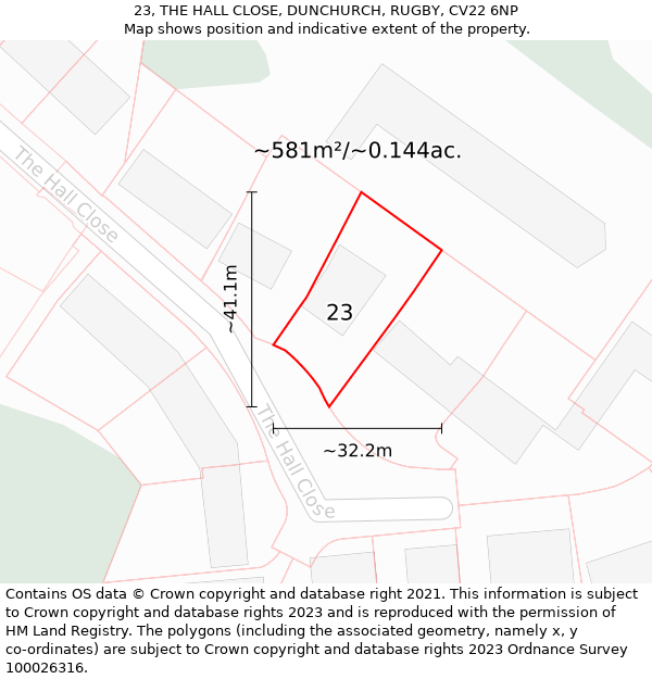 23, THE HALL CLOSE, DUNCHURCH, RUGBY, CV22 6NP: Plot and title map