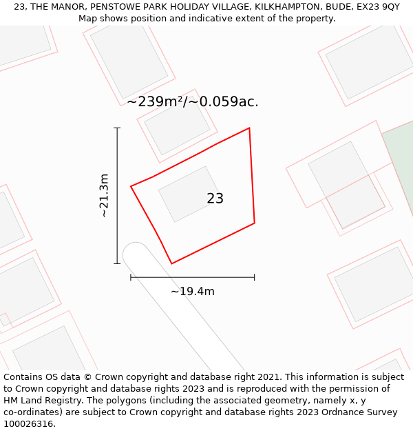 23, THE MANOR, PENSTOWE PARK HOLIDAY VILLAGE, KILKHAMPTON, BUDE, EX23 9QY: Plot and title map