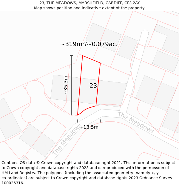 23, THE MEADOWS, MARSHFIELD, CARDIFF, CF3 2AY: Plot and title map