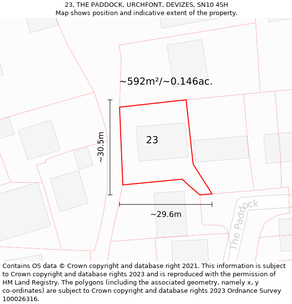 23, THE PADDOCK, URCHFONT, DEVIZES, SN10 4SH: Plot and title map