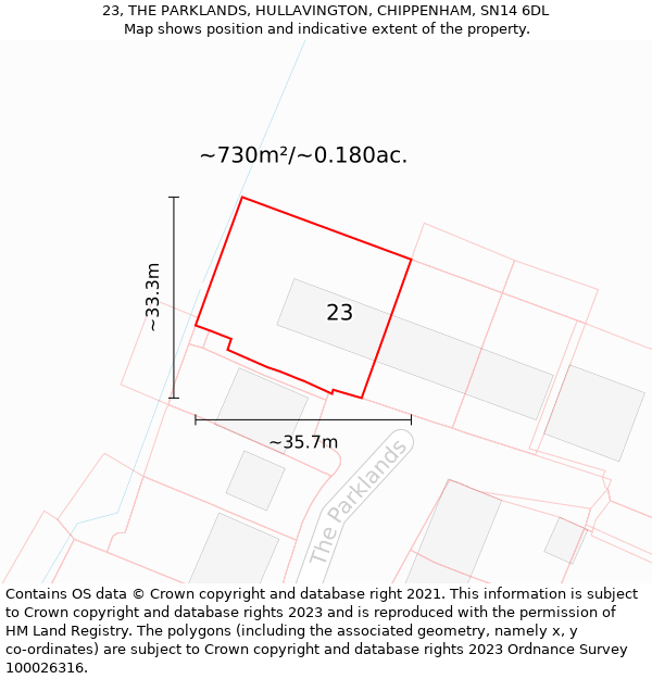 23, THE PARKLANDS, HULLAVINGTON, CHIPPENHAM, SN14 6DL: Plot and title map