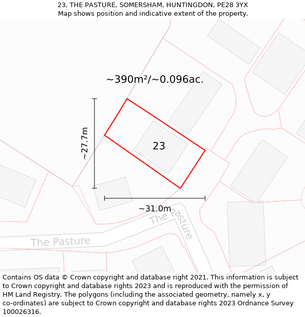 23, THE PASTURE, SOMERSHAM, HUNTINGDON, PE28 3YX: Plot and title map