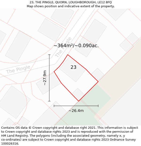 23, THE PINGLE, QUORN, LOUGHBOROUGH, LE12 8FQ: Plot and title map