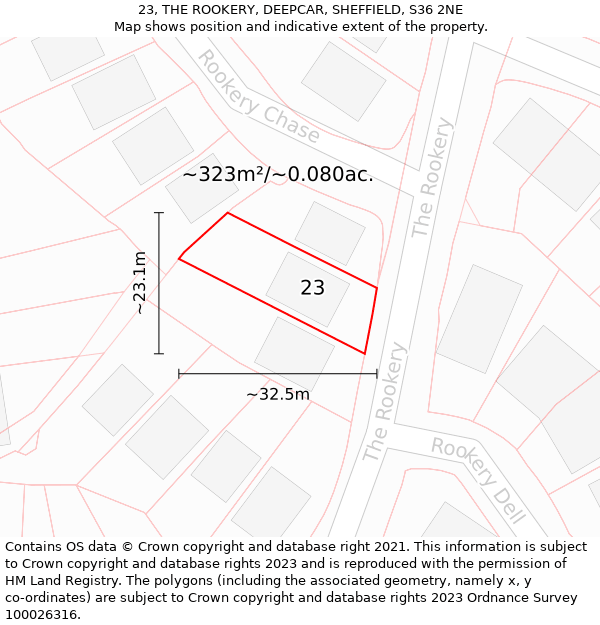 23, THE ROOKERY, DEEPCAR, SHEFFIELD, S36 2NE: Plot and title map