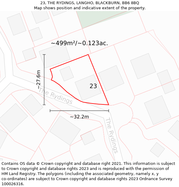 23, THE RYDINGS, LANGHO, BLACKBURN, BB6 8BQ: Plot and title map