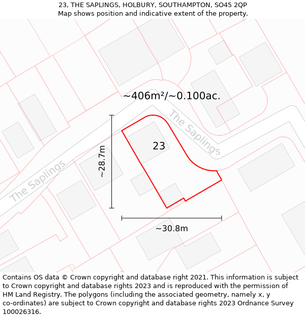 23, THE SAPLINGS, HOLBURY, SOUTHAMPTON, SO45 2QP: Plot and title map