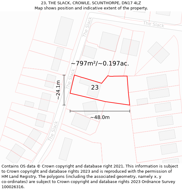 23, THE SLACK, CROWLE, SCUNTHORPE, DN17 4LZ: Plot and title map