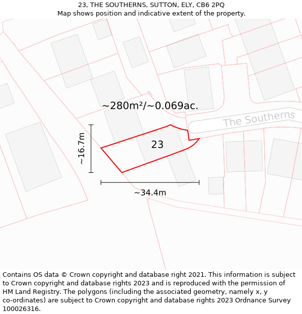23, THE SOUTHERNS, SUTTON, ELY, CB6 2PQ: Plot and title map