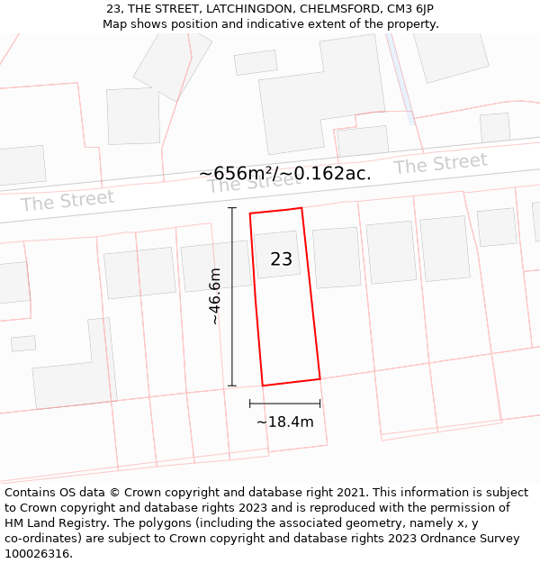 23, THE STREET, LATCHINGDON, CHELMSFORD, CM3 6JP: Plot and title map