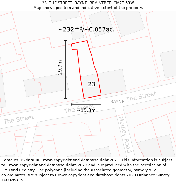 23, THE STREET, RAYNE, BRAINTREE, CM77 6RW: Plot and title map