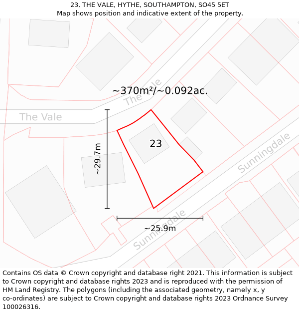 23, THE VALE, HYTHE, SOUTHAMPTON, SO45 5ET: Plot and title map