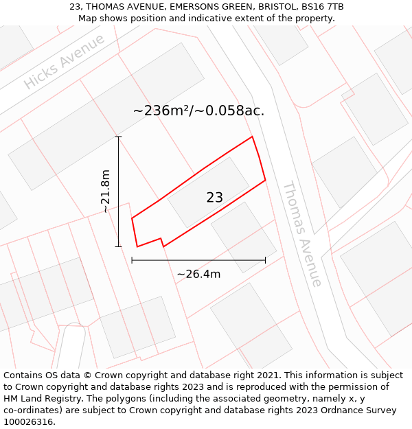 23, THOMAS AVENUE, EMERSONS GREEN, BRISTOL, BS16 7TB: Plot and title map