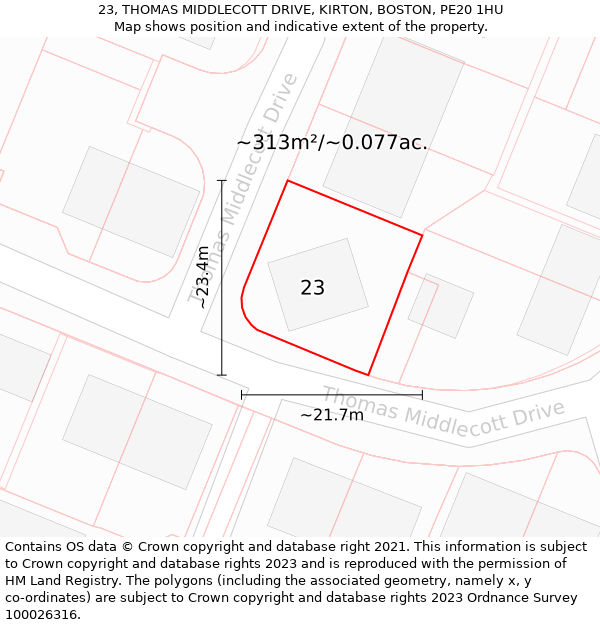 23, THOMAS MIDDLECOTT DRIVE, KIRTON, BOSTON, PE20 1HU: Plot and title map