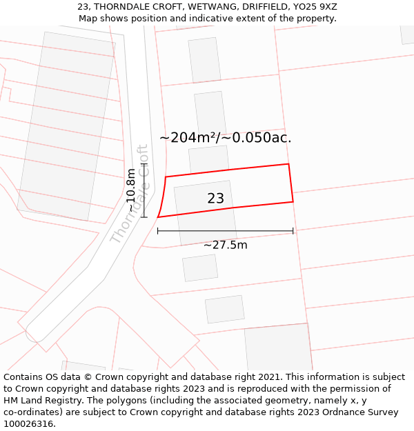 23, THORNDALE CROFT, WETWANG, DRIFFIELD, YO25 9XZ: Plot and title map