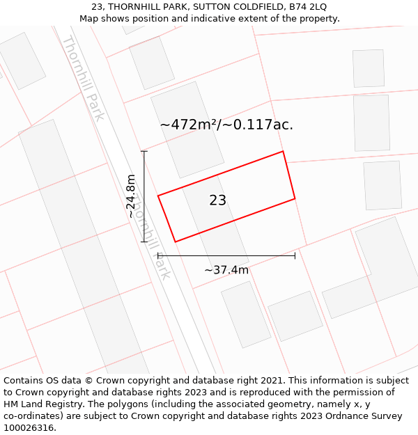 23, THORNHILL PARK, SUTTON COLDFIELD, B74 2LQ: Plot and title map