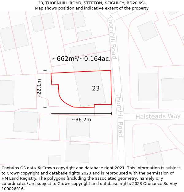 23, THORNHILL ROAD, STEETON, KEIGHLEY, BD20 6SU: Plot and title map