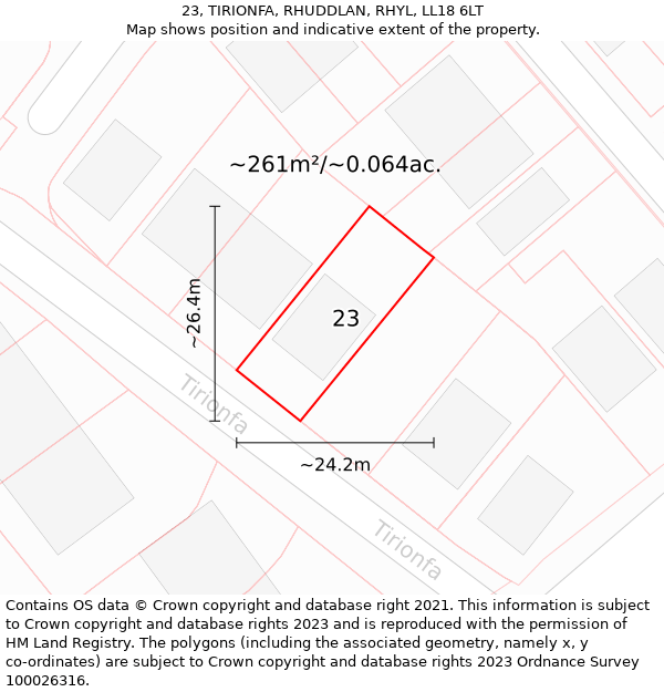23, TIRIONFA, RHUDDLAN, RHYL, LL18 6LT: Plot and title map