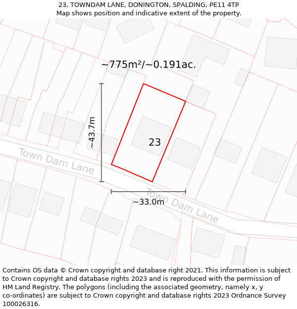 23, TOWNDAM LANE, DONINGTON, SPALDING, PE11 4TP: Plot and title map