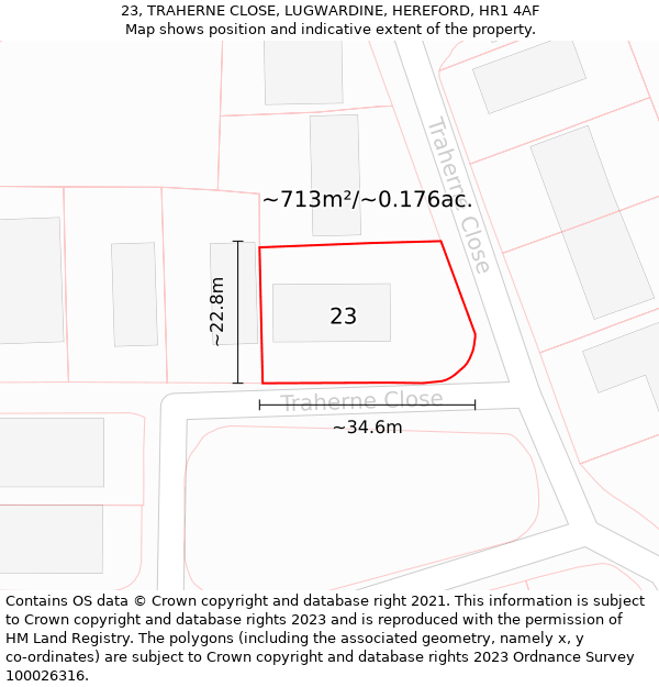 23, TRAHERNE CLOSE, LUGWARDINE, HEREFORD, HR1 4AF: Plot and title map