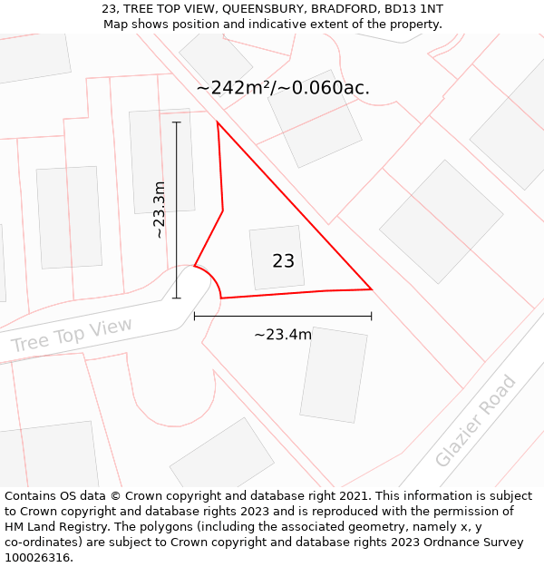 23, TREE TOP VIEW, QUEENSBURY, BRADFORD, BD13 1NT: Plot and title map