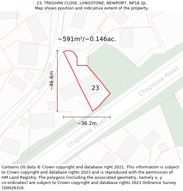 23, TREGARN CLOSE, LANGSTONE, NEWPORT, NP18 2JL: Plot and title map