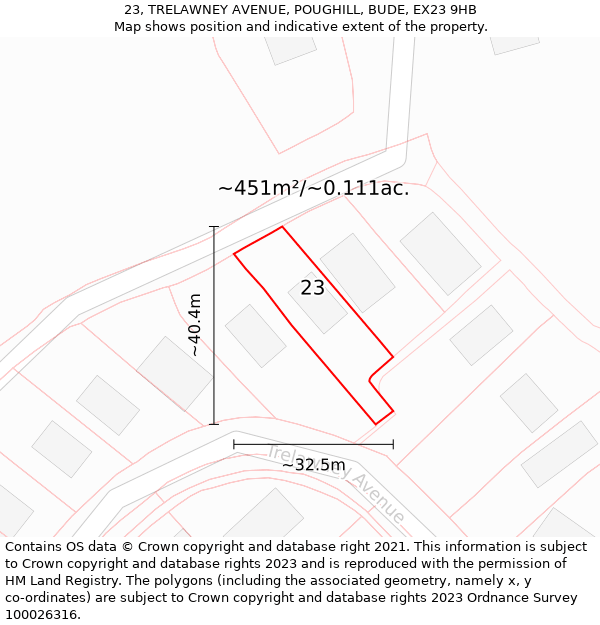 23, TRELAWNEY AVENUE, POUGHILL, BUDE, EX23 9HB: Plot and title map