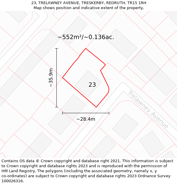 23, TRELAWNEY AVENUE, TRESKERBY, REDRUTH, TR15 1RH: Plot and title map