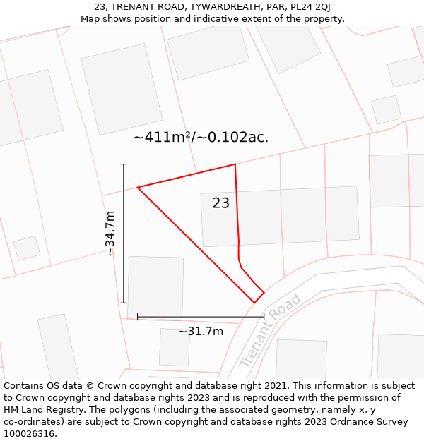 23, TRENANT ROAD, TYWARDREATH, PAR, PL24 2QJ: Plot and title map