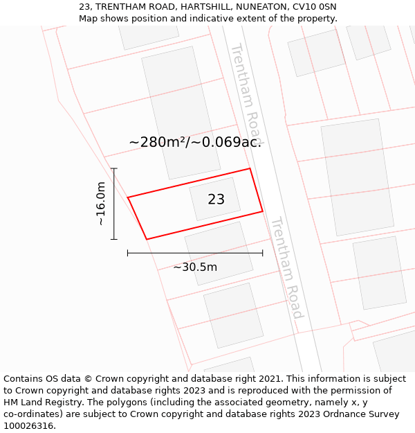 23, TRENTHAM ROAD, HARTSHILL, NUNEATON, CV10 0SN: Plot and title map