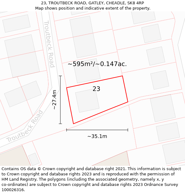 23, TROUTBECK ROAD, GATLEY, CHEADLE, SK8 4RP: Plot and title map