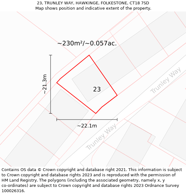 23, TRUNLEY WAY, HAWKINGE, FOLKESTONE, CT18 7SD: Plot and title map