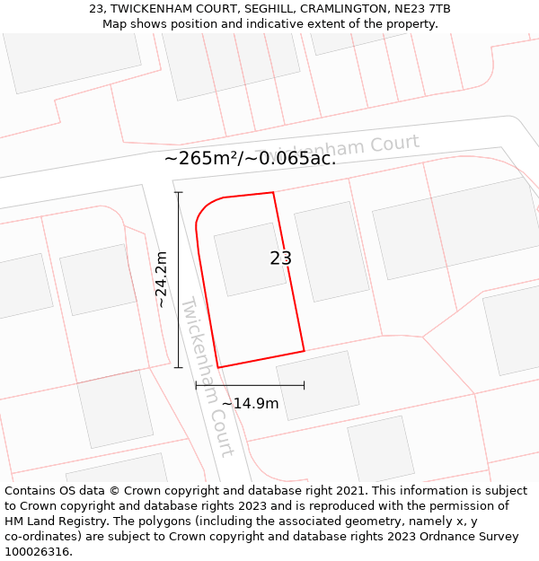 23, TWICKENHAM COURT, SEGHILL, CRAMLINGTON, NE23 7TB: Plot and title map