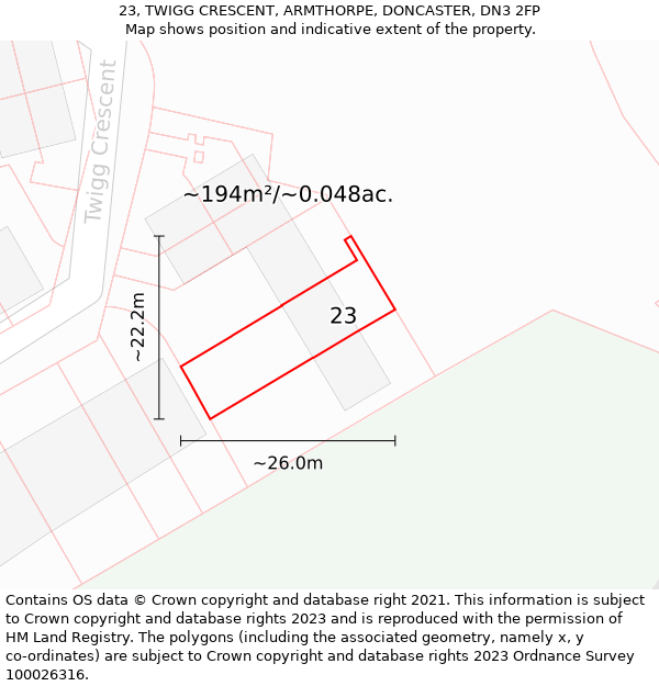 23, TWIGG CRESCENT, ARMTHORPE, DONCASTER, DN3 2FP: Plot and title map