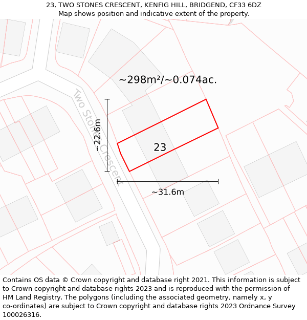 23, TWO STONES CRESCENT, KENFIG HILL, BRIDGEND, CF33 6DZ: Plot and title map