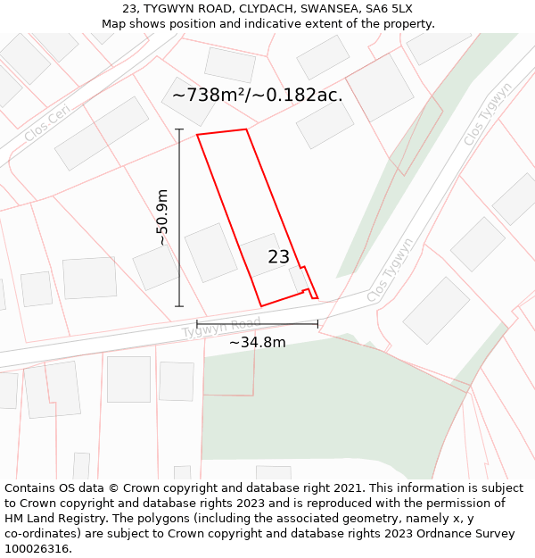 23, TYGWYN ROAD, CLYDACH, SWANSEA, SA6 5LX: Plot and title map