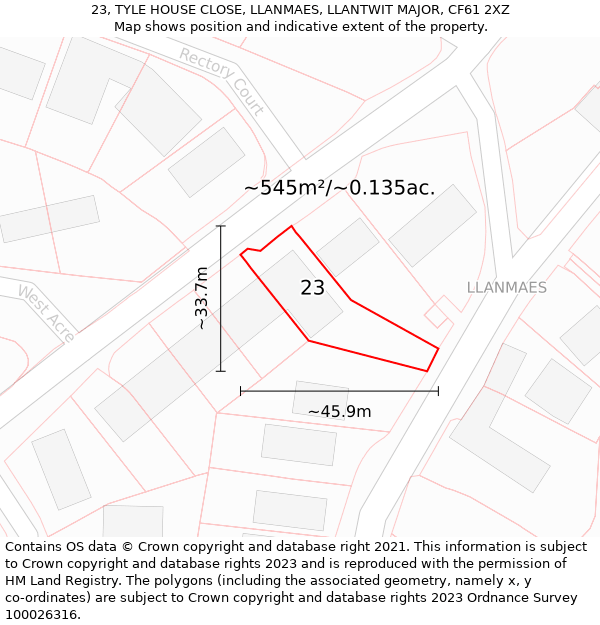 23, TYLE HOUSE CLOSE, LLANMAES, LLANTWIT MAJOR, CF61 2XZ: Plot and title map