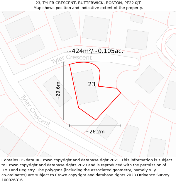 23, TYLER CRESCENT, BUTTERWICK, BOSTON, PE22 0JT: Plot and title map