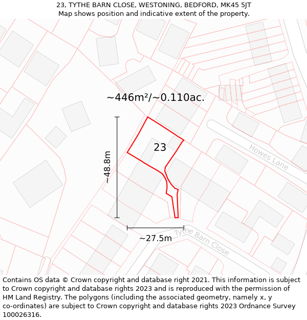 23, TYTHE BARN CLOSE, WESTONING, BEDFORD, MK45 5JT: Plot and title map