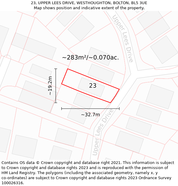 23, UPPER LEES DRIVE, WESTHOUGHTON, BOLTON, BL5 3UE: Plot and title map