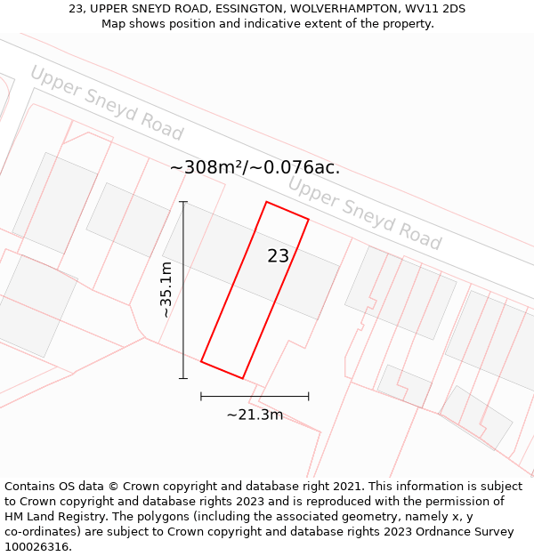 23, UPPER SNEYD ROAD, ESSINGTON, WOLVERHAMPTON, WV11 2DS: Plot and title map