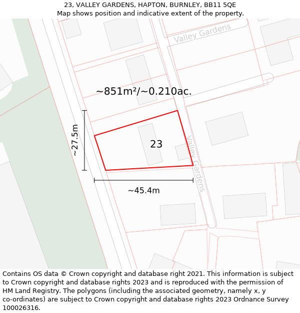 23, VALLEY GARDENS, HAPTON, BURNLEY, BB11 5QE: Plot and title map