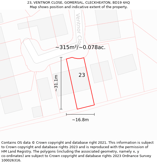 23, VENTNOR CLOSE, GOMERSAL, CLECKHEATON, BD19 4AQ: Plot and title map