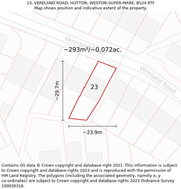 23, VERELAND ROAD, HUTTON, WESTON-SUPER-MARE, BS24 9TF: Plot and title map