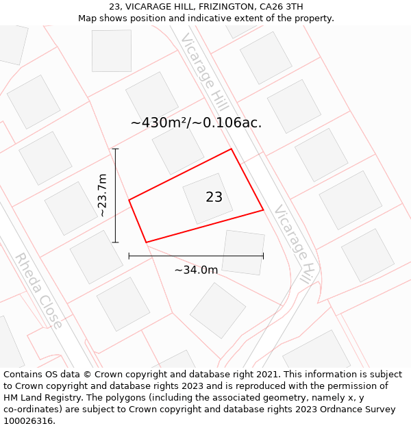 23, VICARAGE HILL, FRIZINGTON, CA26 3TH: Plot and title map