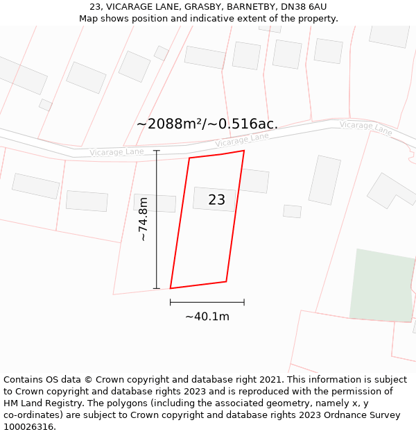 23, VICARAGE LANE, GRASBY, BARNETBY, DN38 6AU: Plot and title map