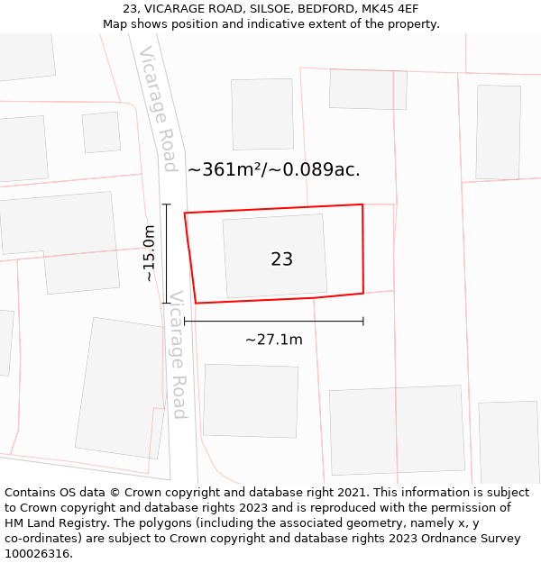 23, VICARAGE ROAD, SILSOE, BEDFORD, MK45 4EF: Plot and title map