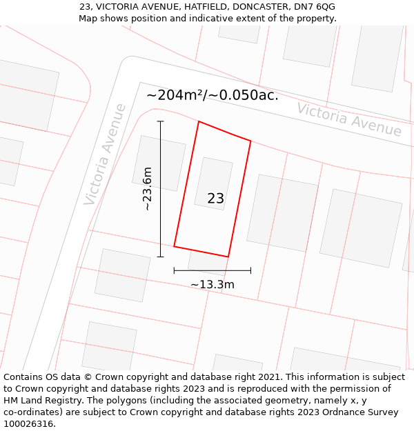 23, VICTORIA AVENUE, HATFIELD, DONCASTER, DN7 6QG: Plot and title map