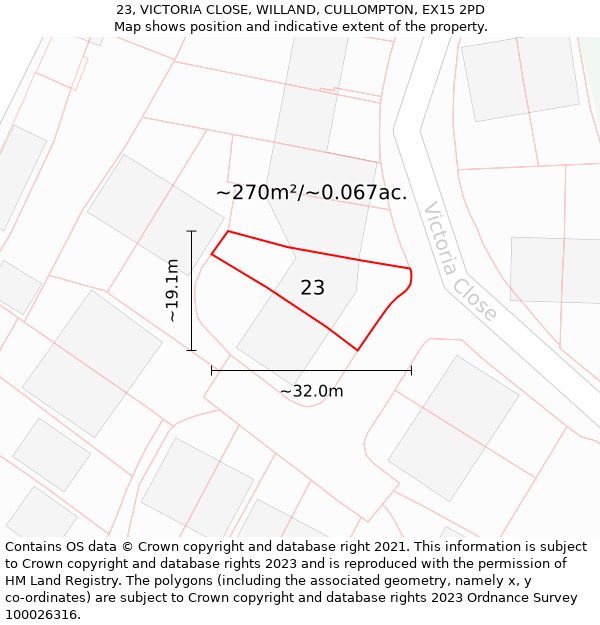 23, VICTORIA CLOSE, WILLAND, CULLOMPTON, EX15 2PD: Plot and title map